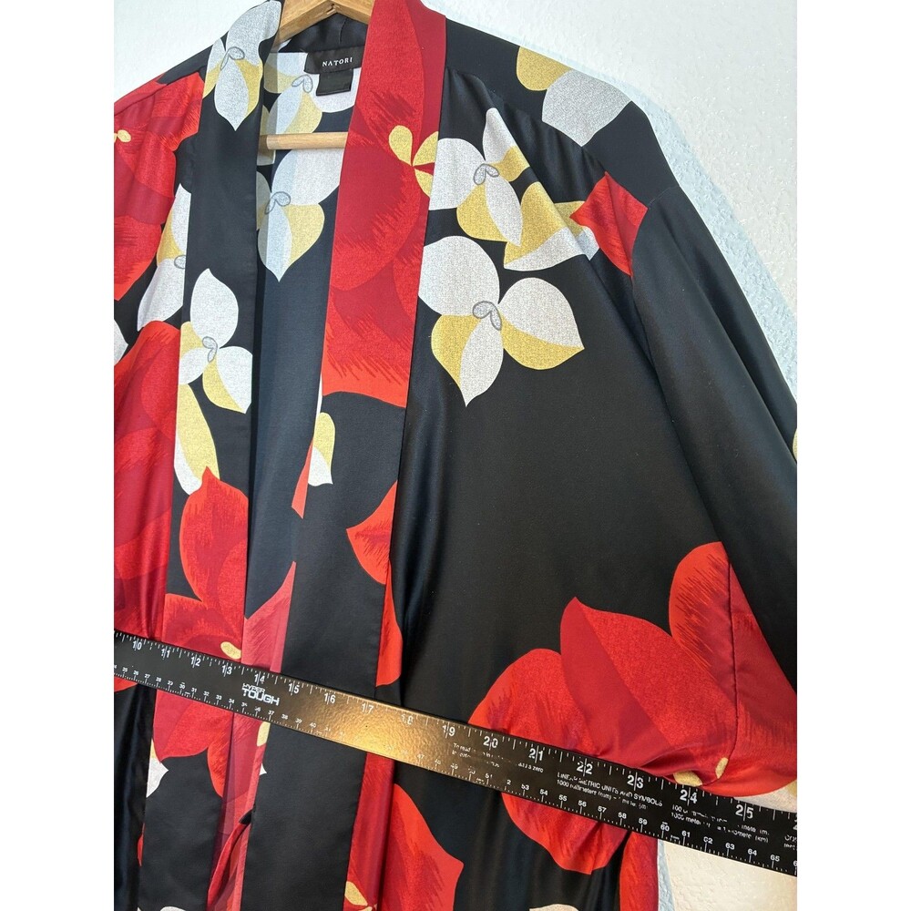 Natori Ginza Long Kimono Robe Womens One Size Black Satin Red Floral Lounge - Picture 9 of 15